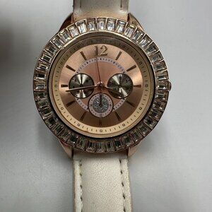 3/$30 Attention Watch Women Rose Gold Crystal Bezel Cream Faux Leather Band